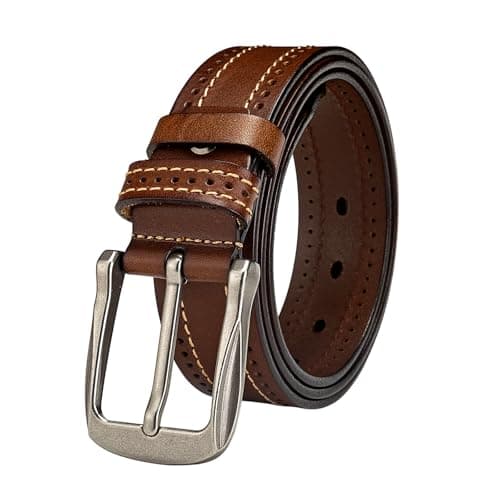 Rollslatte Mens Belts Italian Full Grain Genuine Leather Gifts, Vintage Western Cowboy Tan Belt with Retro Silver Buckle, 1.5 in Wide Men Casual Belts for Jeans Khaki Belt Size 34 - Image 1