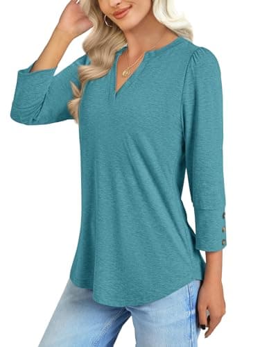 NORACORA Blouses for Women Dressy Casual 3/4 Length Sleeve Womens Tops V Neck T Shirts with Smocked Cuffs with Buttons Spring Summer Outfits Cyan XL - Thumbnail 3