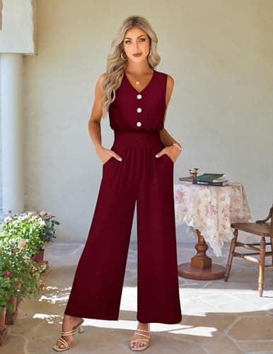 LOOKBOHO Womens Trendy Jumpsuit Dressy Casual Rompers Summer Sleeveless V Neck Elastic Waist Wide Leg Pants 2026(WR,S) - Thumbnail 6