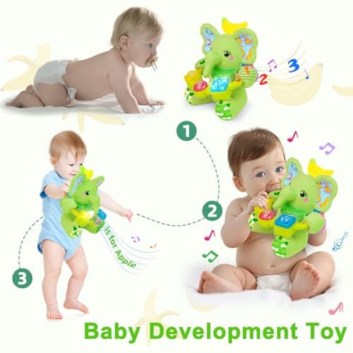 Holaxander Baby Elephant Musical Stuffed Animals Toy with Light-Up Music & Crinkle Sound Paper,Infant Bilingual Early Learning Education Toys,Tummy Time Toys for 0-3-6-12+ Months Boy Girl, Green - Thumbnail 2