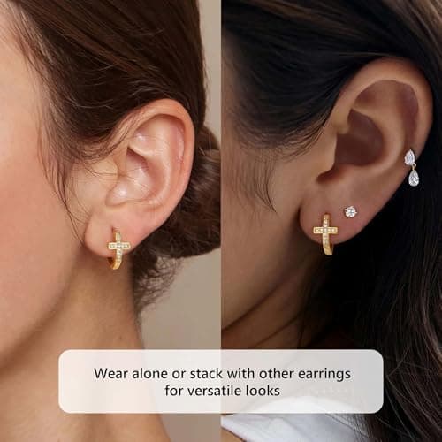 LOYATA Gold Cross Earrings for Women-14K Gold Plated Small Hoop Huggie Earrings Dainty Trendy CZ Cross Hoop Earring Cute Hypoallergenic Hoops Jewelry Gifts for Women Mothers Day Gifts for Mom - Thumbnail 5