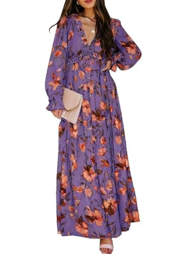 BLENCOT Women's Casual Boho Floral Printed Deep V Neck Loose Long Sleeve Long Evening Dress Ruched Cocktail Party Maxi Wedding Dress Purple Medium - Image 1