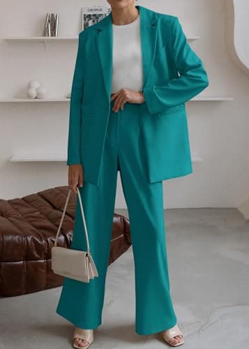 KIRUNDO Women Suits 2 Piece Set Business Casual Dressy Oversized Blazer Jacket and Wide Leg Dress Pantsuits Formal Outfits(Blue Green, XX-Large) - Thumbnail 3