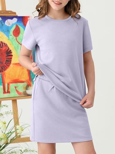 XMWEALTHY Girls Two Piece Outfits Summer Skirt Set Short Sleeve Crew Neck Tops Skorts with Pockets Kids Clothes Athletic Sweatsuit Violet 5-6Y - Thumbnail 2