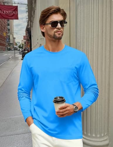 Cotrasen Long Sleeve Shirts for Men Cotton Crew Neck Pocket T Shirts for Men Breathable Moisture Wicking Tee Shirts Azure XL - Thumbnail 3