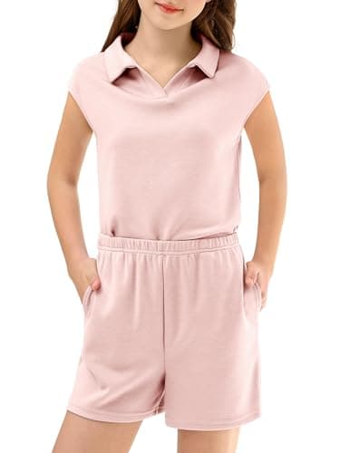 XMWEALTHY Two Piece Set for Girls Cap Sleeve Tween Girls Trendy Clothes and Oversized Shorts With Pockets Soft Summer Outfits for School Active Days Travel Light Pink 9-10T - Thumbnail 3
