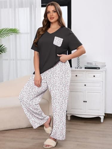 AusLook Plus Women Pajamas Set 2 Piece Lounge Sets Short Sleeve Top and Full Length Pant Chest Pocket Matching Maternity Christmas Print Ditsy Floral 5X Pjs Loungewear Sleepwear - Thumbnail 2