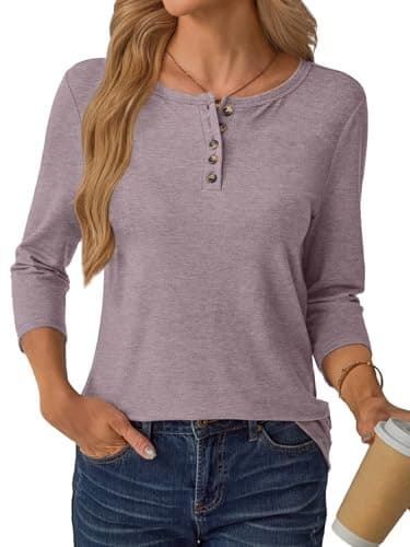 GKBK 3/4 Sleeve Womens Tops Fall Clothes Henley Casual Spring Summer Lightweight Basic Tunic Shirts Gray Purple - Thumbnail 3