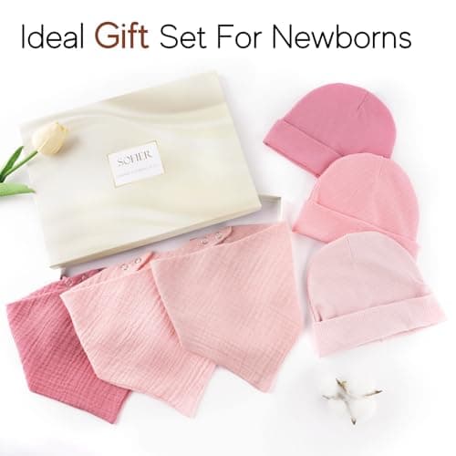 Sofier Baby Hats and Bibs Baby Beanies for Unisex Newborn Infant 0-6 Months Boys Girls Gift Set(US, Age, 0 Months, 6 Months, Pink) - Thumbnail 5