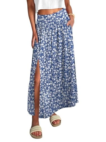 ANRABESS Women's Maxi Skirts, Soft Flowy Boho Floral, Long Casual Side Slit Skirt, Perfect for Beach, Vacation & Summer Floral Blue X-Large - Image 1