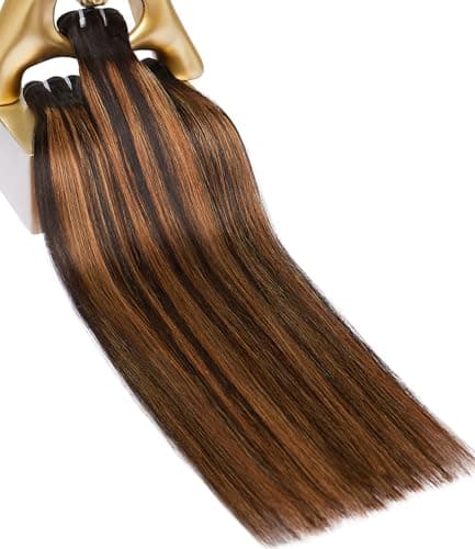 MLIP Raw Bundles Human Hair Straight, No Tangle Shedding, Keep Texture Silky Soft After Multiple Washes, 16A Raw Indian Hair Bundles 26 28 30 Inches, Brown Highlight Bundles - Image 1
