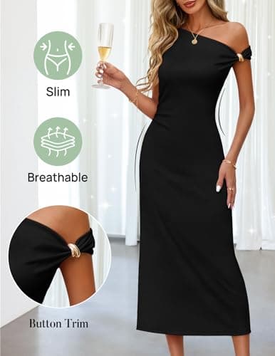 MEROKEETY Women's Wedding Guest One Shoulder Dresses 2026 Summer Formal Elegant Cocktail Party Midi Dress, Black, XL - Thumbnail 5