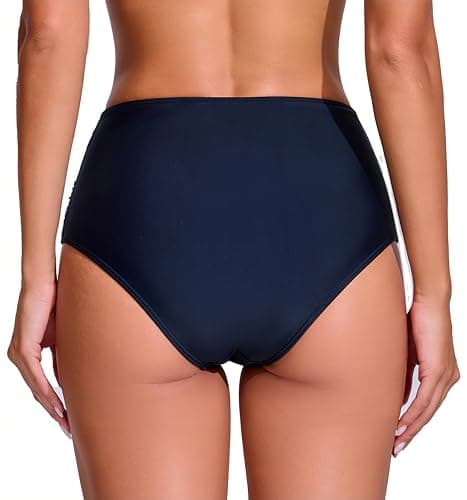 COCOPEAR Sexy High Waisted Bikini Bottoms for Women Ruched Mesh Swim Bottoms for Women Classic Full Coverage Bikini Bottoms Black 2XL - Thumbnail 5