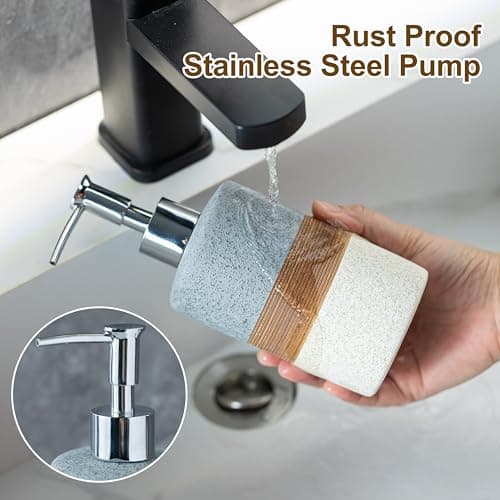 Cormomu Ceramic Soap Dispenser Set(2 Pack) – Hand Soap, Dish Soap, Shampoo & Shower Soap Dispenser for Bathroom & Kitchen, Stainless Steel Pump, Includes Silicone Funnel & Diatomaceous Tray, Gray - Thumbnail 4