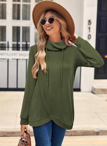 Bulotus Oversized Sweatshirt for Women Long Sleeve Cowl Neck Loose Fit Tops Drawstring Pullover Long Tunics for Jeans Older 2025 Fall Casual Comfy Army Green XXL - Thumbnail 4