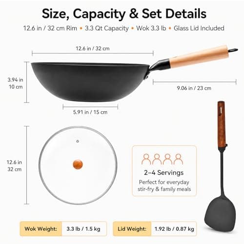 WANGYUANJI 12.6 Inch Carbon Steel Wok Pan with Glass Lid and Spatula, Nitrided Flat Bottom Stir Fry Pan, Uncoated Chinese Iron Wok for Gas, Electric, Ceramic and Induction Cooktops - Thumbnail 2
