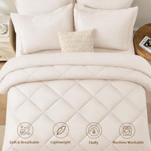FUANNA 7 Pieces King Size Comforter Set, All Season King Comforter Set, Luxury Soft King Bedding Set with Comforter, Flat Sheet, Fitted Sheet, Pillowcases & Pillow Shams, Beige - Thumbnail 2