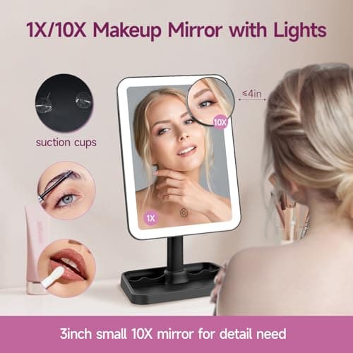FUNTOUCH Vanity Mirror with Lights, Rechargeable 10X Magnification 3 Color Lighting Portable Tabletop Cosmetic Make Up Mirror, 360° Rotation Led Light up Mirrors with Storage,White - Thumbnail 6