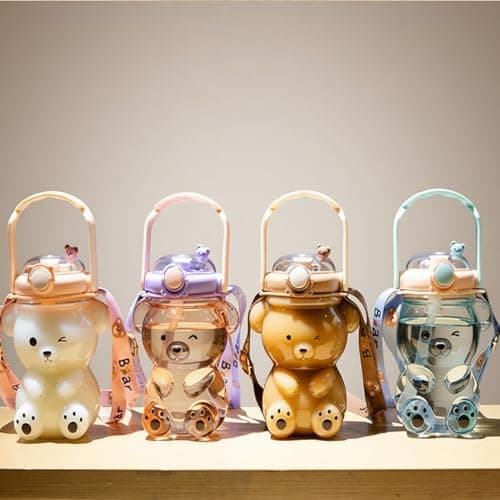 DegoCython Kawaii Bear Straw Water Bottle for Kids 31.5oz (930ml) - Leak Proof One Touch, BPA Free, Adjustable Removable Shoulder Strap, Cute Water Bottle for Boys Girls, Purple, Phone Holder Lid - Thumbnail 2