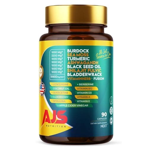 AJS Sea Moss Capsules 3200mg, Himalayan Shilajit 1000mg with Black Seed Oil, Ashwagandha, Turmeric, Bladderwrack, Burdock, Vitamins, Berberine, Lion’s Mane Mushroom, Elderberry- 90 Caps