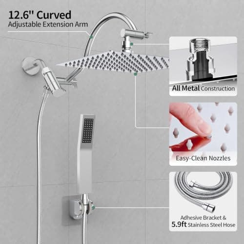 All Metal 10" Rain Showerhead with Handheld Spray Combo, Rainfall Overhead Shower Set with 12.6" Adjustable Extension Arm&Adhesive Bracket for All Families Chrome Waterfall Shower Head with Hose - Thumbnail 5