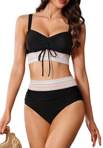 Trifabricy Womens High Waisted Bikini Sets, Two Piece Swimsuit for Women, Tummy Control Womens Swimsuits, V Neck Adjustable Straps Drawstring Bathing Suit for Women 2026, Black, Medium - Image 1