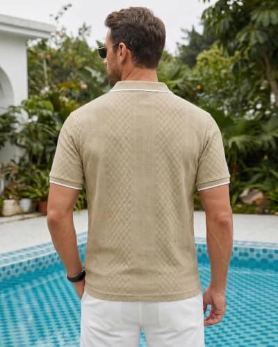 TRFIC Mens Polo Shirts Short Sleeve Casual Polo Shirt Vintage Golf T Shirts Old Money Tops Khaki - Thumbnail 4