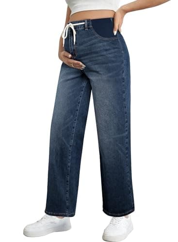 BLENCOT Women's Maternity Jeans High Waisted Stretchy Straight Leg Baggy Drawstring Denim Work Pants Navy Blue X-Large - Image 1
