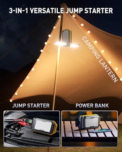 AUXITO Jump Starter: 6000A Car Portable-Battery Jumper Box with 4000LM LED Outdoor Camping Light and Power Bank Function, Up to 10.5L Gas and 10L Diesel Engines, USB Ports and Jumper Cable Included - Thumbnail 2