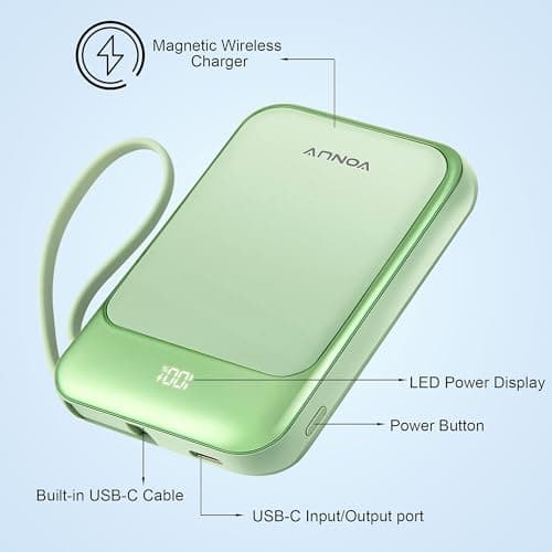Magnetic Power Bank 10000mAh, Wireless Portable Charger with 15W Max Fast Charging & Built-in USB-C Cable, 22.5W PD LED Display Battery Pack Compatible with iPhone 17/16/15, Samsung Galaxy(green) - Thumbnail 5
