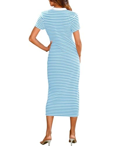 BTFBM Women Casual Summer Dresses Short Sleeve Striped Midi Dresses Decorative Button Ribbed Knit Dresses Party Dresses(Light Blue,X-Large) - Thumbnail 2