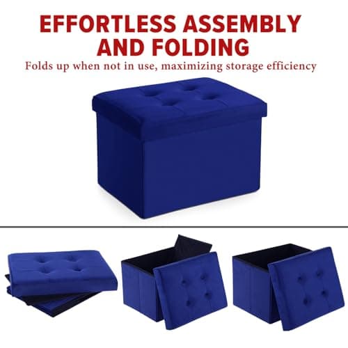 LINMAGCO Small Velvet Ottoman with Storage Rectangle Foot Rest Under Desk Stool for Room Folding Ottoman Furniture with Button turfted-Navy 16X12X12IN - Thumbnail 5