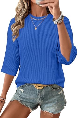 Arach&Cloz 2026 Women's Cotton Spring Summer Crochet Tops Crew Neck 3/4 Half Drop Short Sleeve Hollow Out Oversized Resort Wear Sweater Casual Vacation Outfits Fashion Trendy Shirts Royal Blue XL - Image 1