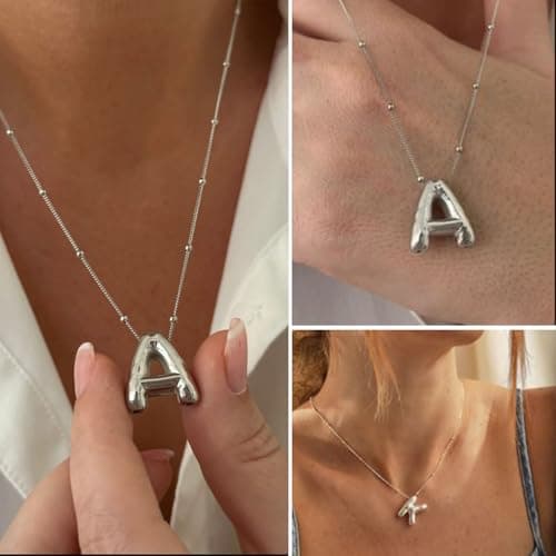 BOLAGTIER Bubble Letter Necklace Gold Plated Balloon Initial Chunky Bubble Alphabet Pendant Necklace Trendy Jewelry Gift for Women (Q, Silver) - Thumbnail 5