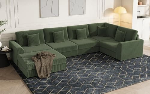 Oversized Modular Sectional Sofa with Storage, Modern Sleeper Sofa, Extra Deep Seat Comfy Corduroy Cloud Couch with Ottoman and 5 Pillows for Living Room (U Shape Sectional with Storage, Green)