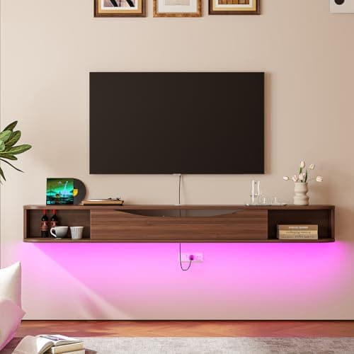 FurniNova Floating TV Stand,70'' Wall Mounted TV Cabinet,Floating TV Console,Under TV Shelf with 1 Door and 2 Cabinets for TVs up to 75''(Walnut) - Thumbnail 3