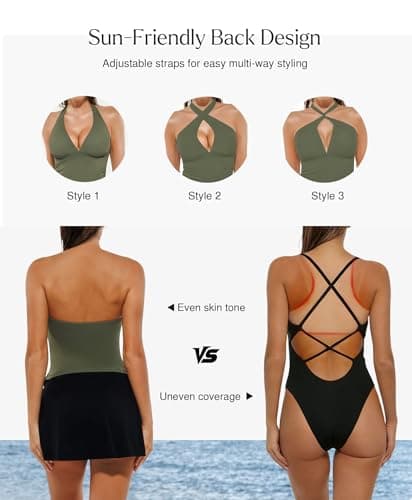 Popilush Tankini Swimsuits for Women Tummy Control Two Piece Shapewear Bathing Suits with Skirt Halter Ruched Swimwear Green - Thumbnail 4