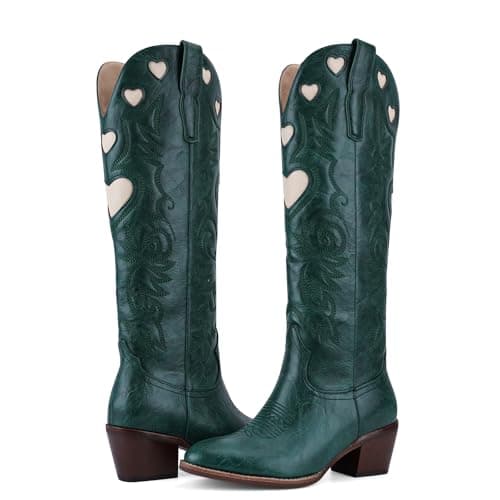 POYOIOR Green Women Western Cowboy Boots with Heart Pattern Classic Embroidered Chunky Heel Cowgirl Fashion Long Booties Round Toe Fashion Tall Boots for 2025 Fall Winter Size 11 - Thumbnail 6