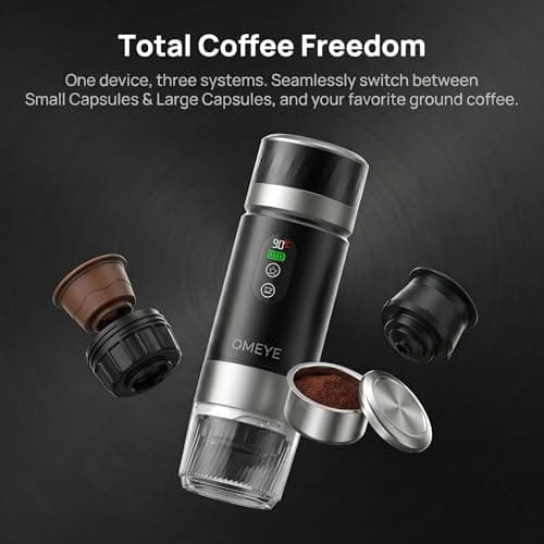 OMEYE Portable Espresso Maker for Camping Travel Office – 20 Bar Self-Heating Cordless Coffee Machine, LED Display, Dual 7500mAh Battery, USB-C, Compatible with Small/Large Capsules & Ground Coffee - Thumbnail 2