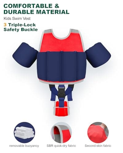 AEOCOO Kids Pool Floaties 1-2-3-5-7-9 Years Old, Toddler Swim Vest 20-30-50-70 Pounds, Comfortable Extended Wear Kids Float Jacket with Crotch Strap, Bright Design and Unpadded Sides, Red - Thumbnail 3