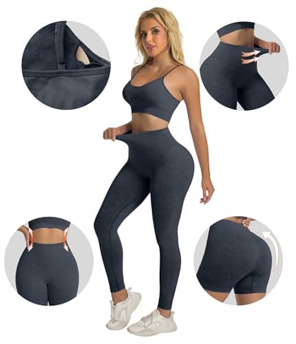 YOAKUKA Women's 4 Piece Workout Sets Seamless Acid Wash Yoga Outfits with Short Sleeve Top Sports Bra Biker Shorts High Waist Leggings Active Set - Thumbnail 4