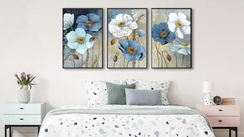 ASDCEUTICALS Large Framed Wall Art - Boho Flowers Wall Decor, Retro Floral Pictures, Blue White Botanical Canvas Prints for Bedroom Living Room Bathroom Kitchen Office Artwork 20" X 28" X 3 Pcs - Thumbnail 3