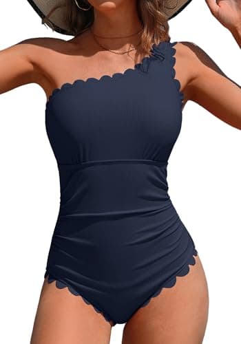 Charmo Bathing Suit for Women Ribbed One Shoulder One Piece Swimsuit Scalloped Tummy Control Swim Suits for Women 2026 Navy S - Image 1