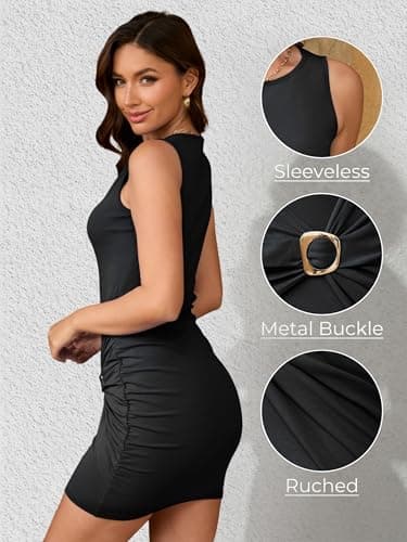AUMORA Women's Sleeveless Ruched Bodycon Short Dress Crew Neck Tank Metal Buckle Cocktail Party Mini Dresses Black - Thumbnail 4