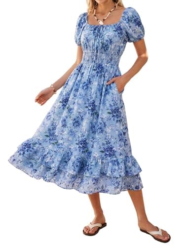 Kate Kasin Womens Summer Boho Floral Maxi Dress 2026 Square Neck Puff Sleeve Smocked Flowy A Line Beach Wedding Guest Dresses - Image 1