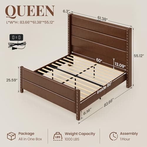 Uteeran Queen Bed Frame with Storage Shelf & Charging Station, 55" Tall Headboard & 25.6" Footboard, Faux Leather Upholstered Platform Bed with Big Rivets Wingback, Heavy Duty & Noise-Free, Brown - Thumbnail 2