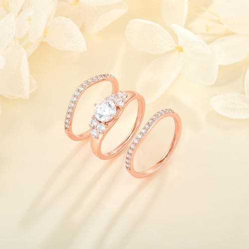 Vinoya 925 Sterling Silver Wedding Rings for Women Cubic Zirconia Rose Gold Plated Rings Three-in-One Engagement Promise Eternity Bands for Bridal Stackable Ring Size 6 - Thumbnail 2
