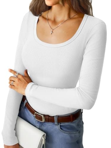 GKBK Women's Long Sleeve Tops Scoop Neck Ribbed Knit Slim Fitted Shirts Casual Basic Tee Shirts Lightweight Fall Sweaters 2025 Fashion Trendy Outfits White - Image 1