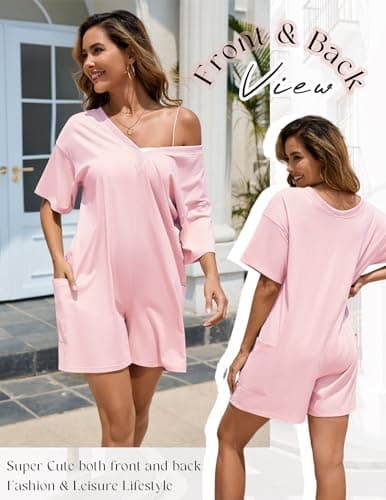 NILOINE Women Romper Pink Summer Oversized Casual Athletic Workout Cute Beach Romper Shorts Jumpsuit Outfits(7-Light Pink,Large) - Thumbnail 4