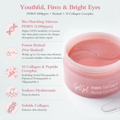GrlGrl PDRN Under Eye Patches for Puffy Eyes and Dark Circles, 5000ppm Salmon DNA & Retinal Eye Mask for Face, Anti Aging Hydrogel Eye Gels for Smile Line, Wrinkles & Bags, 60 Pcs - Thumbnail 4